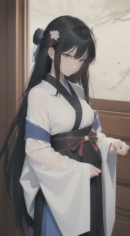 woman, Gentle and gentle, Long black hair elegantly tied up, A clear blue, calm and compassionate gaze, delicate body shape, Small Charm, Traditional shrine maiden attire and clothing that evokes nature