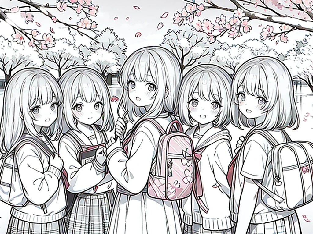 Anime Line Art、cherry blossoms fall、Under the cherry blossom trees、school bag、New first-year students