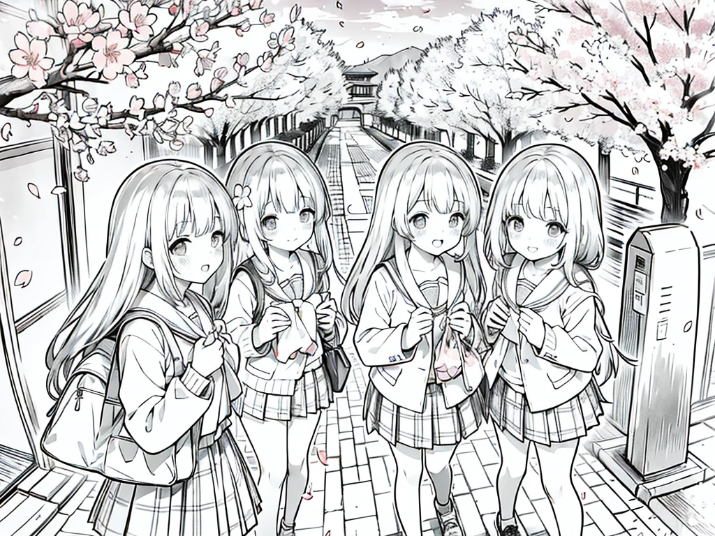 Anime Line Art、cherry blossoms fall、Under the cherry blossom trees、school bag、New -year ents