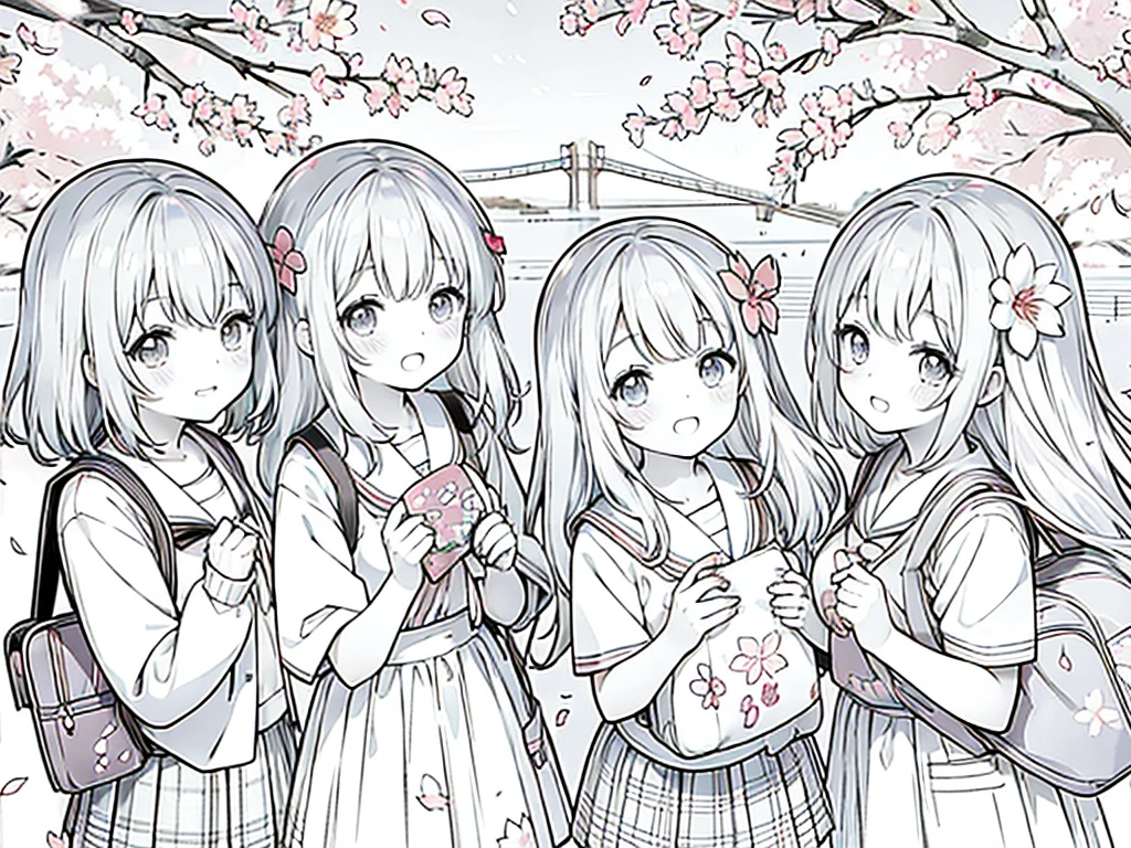 Anime Line Art、cherry blossoms fall、Under the cherry blossom trees、school bag、New first-year students