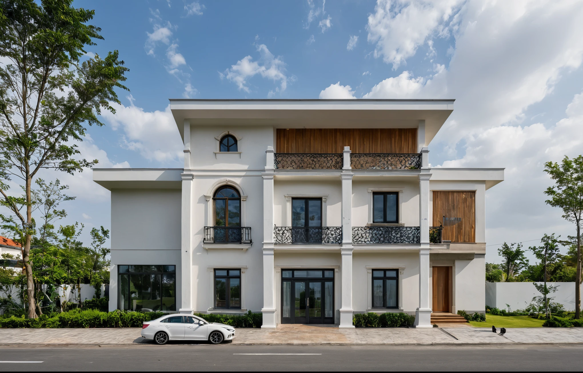 Masterpiece, high quality, best quality, authentic, super detail, outdoors, onestoreyvillaXL, aiaigroup, house style modern on the street ,stairs, white wall ,road,pavement, grass, trees, sky, cloud, (daylight:1.1)
