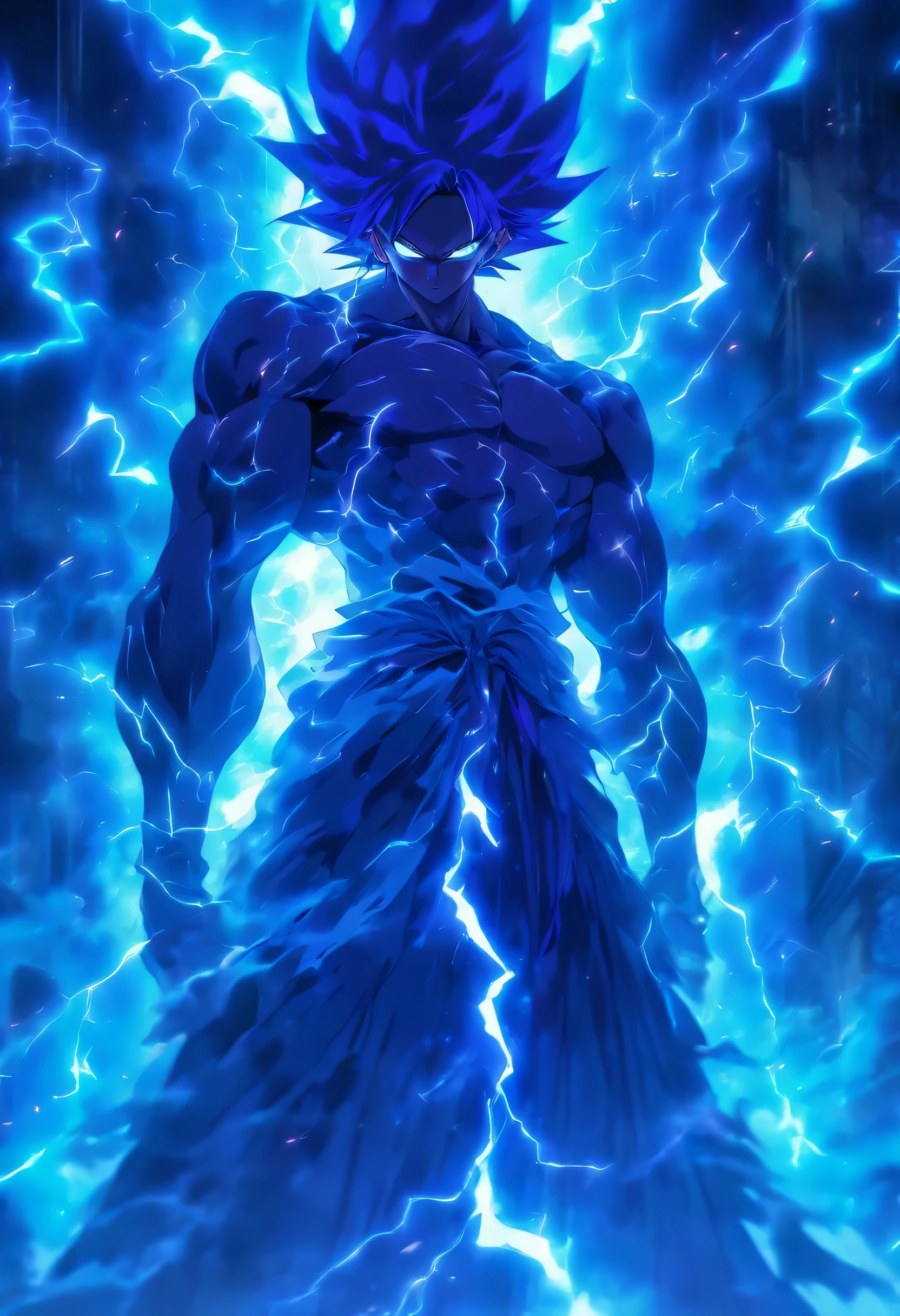 Male figure shrouded in ethereal blue lightning,Reflective dark purple etching. His mysterious presence hints at a close connection with infernal forces. A purple shadow fell on him, The mysterious dance of creation, Destruction and Rebirth,