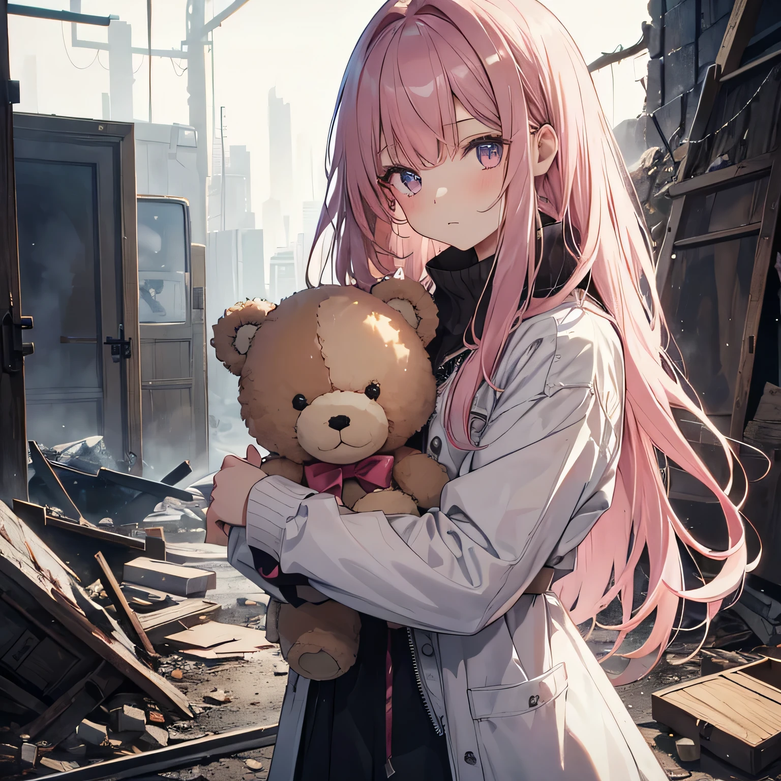(high quality) (4k) (better quality) 1 girl, pink hair , face focus, long hair, Fringe Sidelock, I was scared,(scared:1.1) Performance, holding a teddy bear, atmosphere lighting, Moody, darkness, In an old museum in ruins, The clear glass showcase is filled with interesting objects, dusty, after the apocalypse, That's excellent, beautiful 8k wallpaper, very detailed, Complex