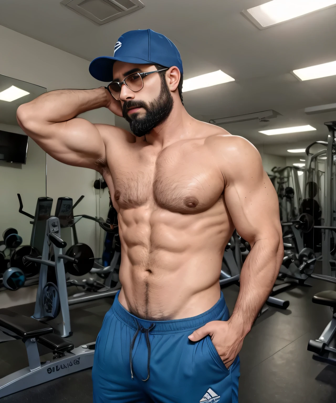 Parte superior del cuerpo, 38 year old man with beard and sunglasses. Hombre vistiendo playera azul y gorra, Entrenando en el gimnasio , muy hermoso. Super polished and cool, plano medio de un guapo.