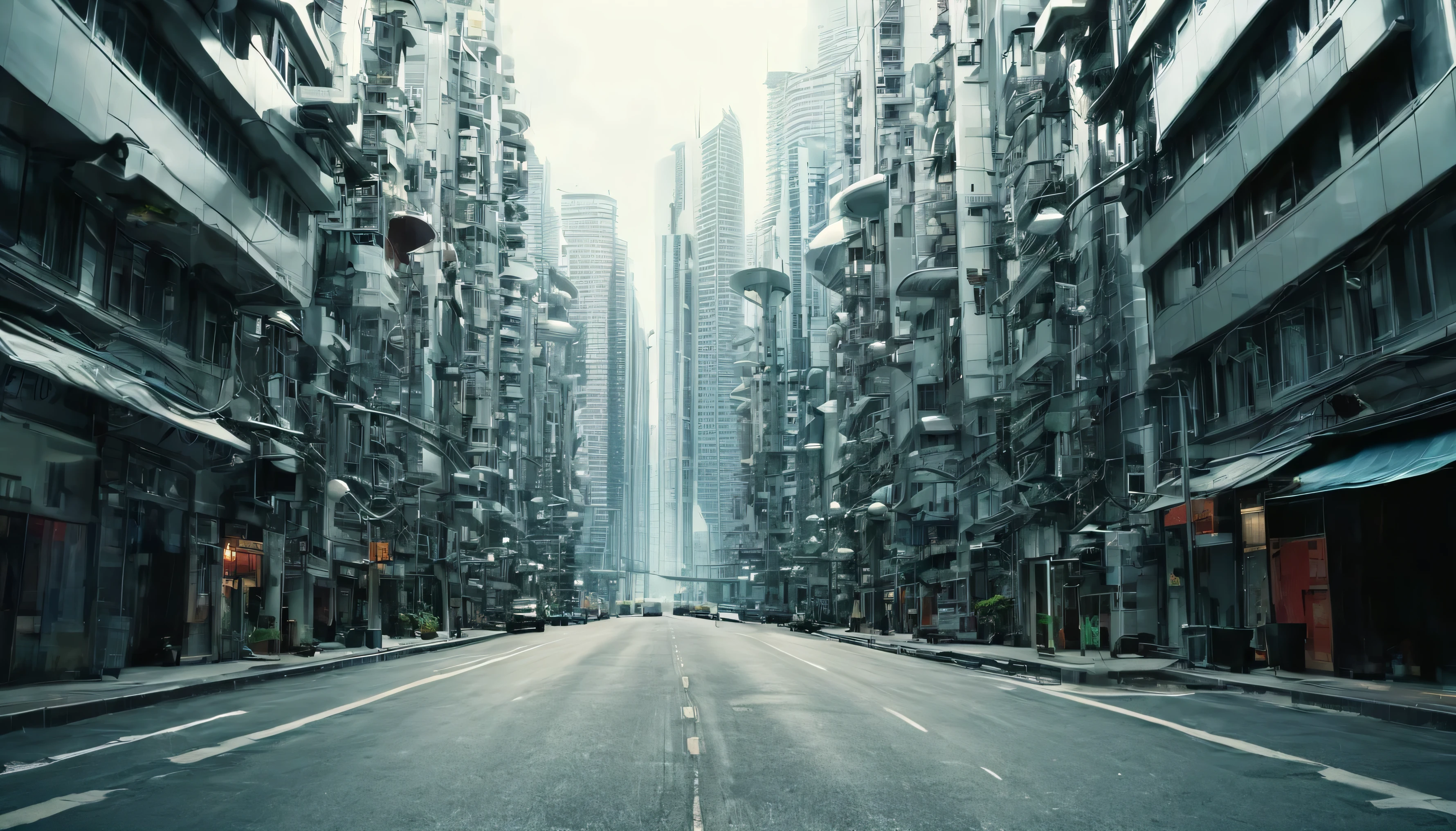 futuristic city streets with mile high sky scraper, many futurist style buildings, long narrow street, wide shot from below.