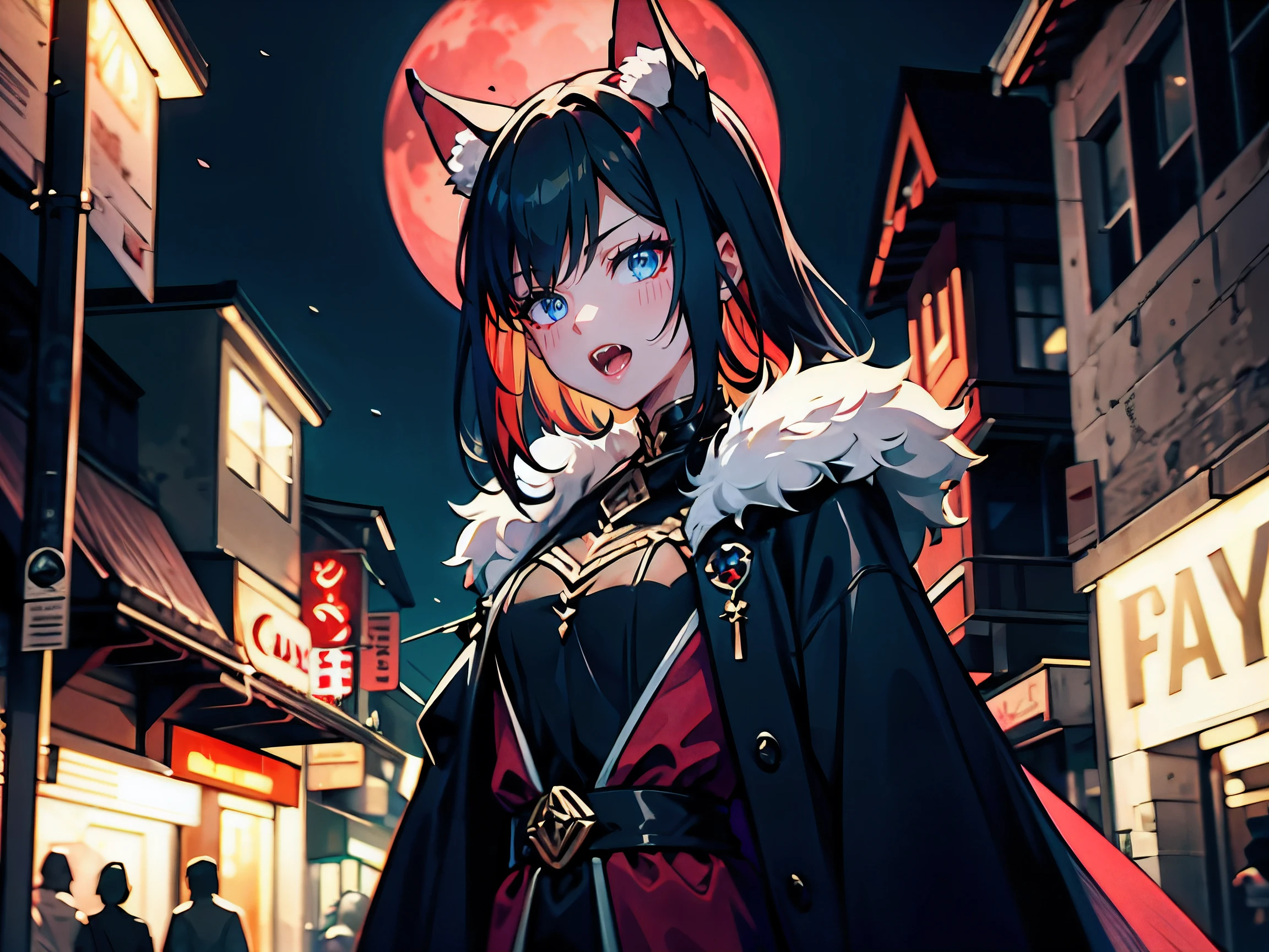 (masterpiece,best quality,ultra-detailed), CG, award winning, ccurate, UHD, textured skin, chromatic aberration, Fujicolor, 1 vampire girl, small breast, teen, young sister taste, red straight hair, blue eyes, wearing a magic robe, fantagy, vampilism, sucking blood on the alley at midnight, red moon, cruel look, mouth with blood, canine teeth, don't look