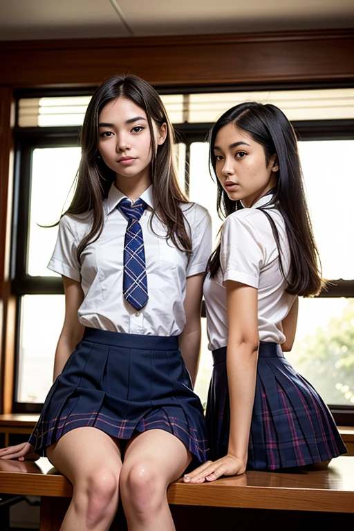 two women sitting on a desk with open books, (Schoolgirl uniform:1.3),  ultra realistic picture, a hyperrealistic , two japanese schoolgirls posing, photorealistic perfect body, metart, hegrart, two girls, hyperrealistic picture, hyperrealistic , (slim:1.3), (skinny), (tall:1.3)