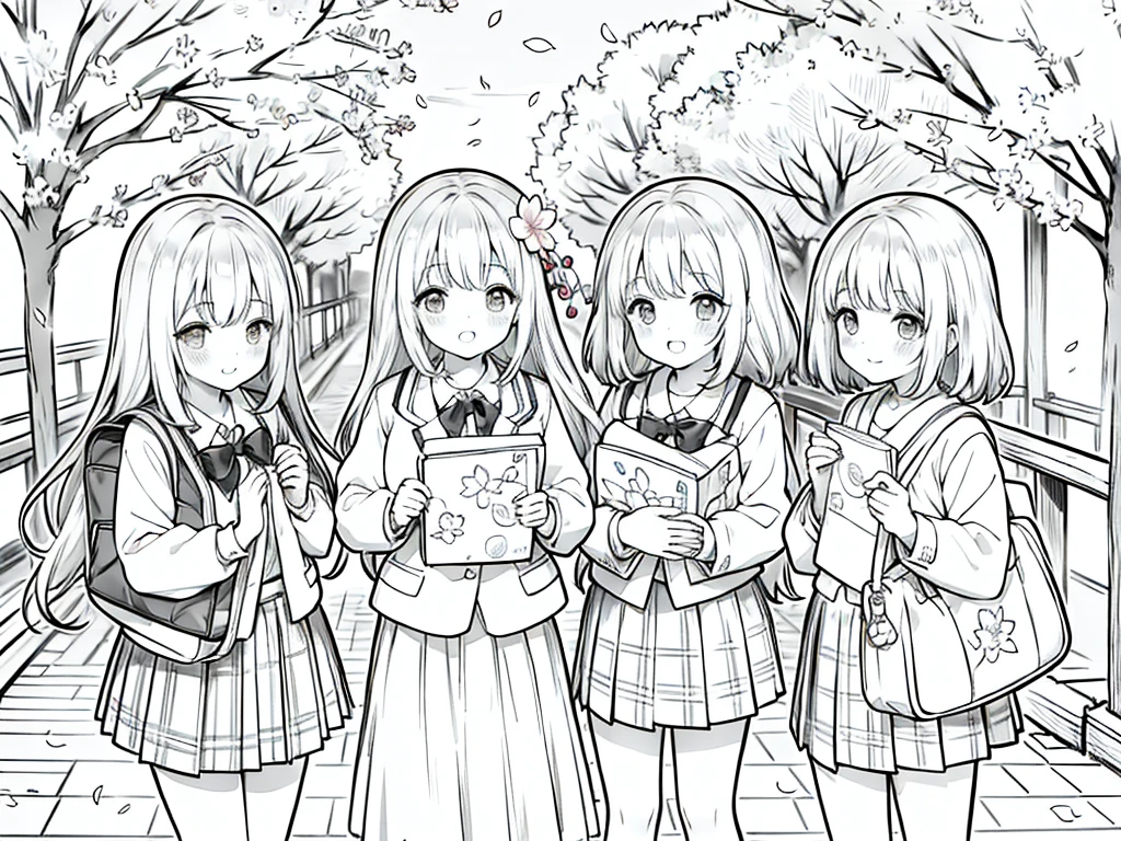 Anime Line Art、cherry blossoms fall、Under the cherry blossom trees、school bag、New -year ents、uniform