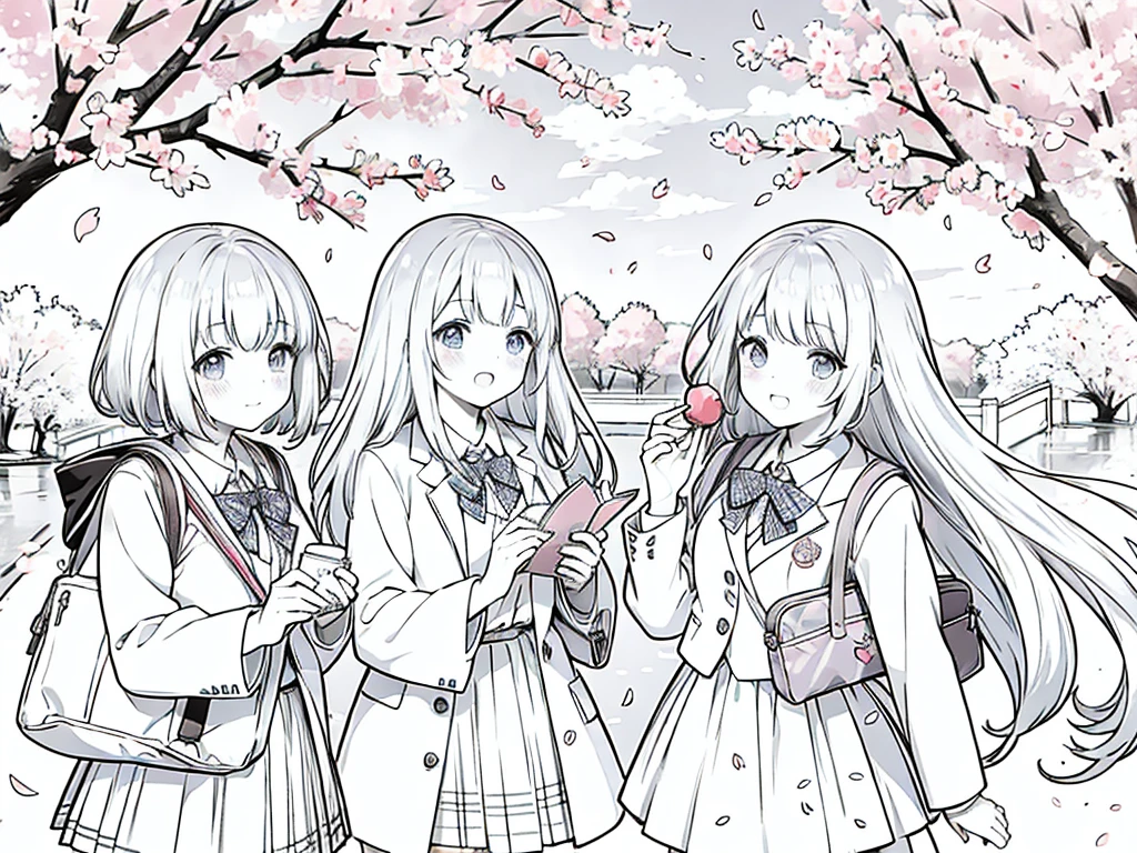 Anime Line Art、cherry blossoms fall、Under the cherry blossom trees、school bag、New first-year students、uniform