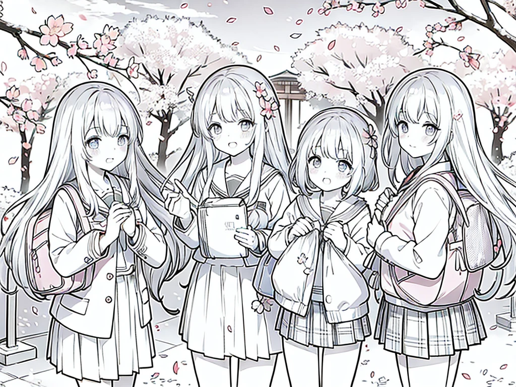 Anime Line Art、cherry blossoms fall、Under the cherry blossom trees、school bag、New first-year students、uniform