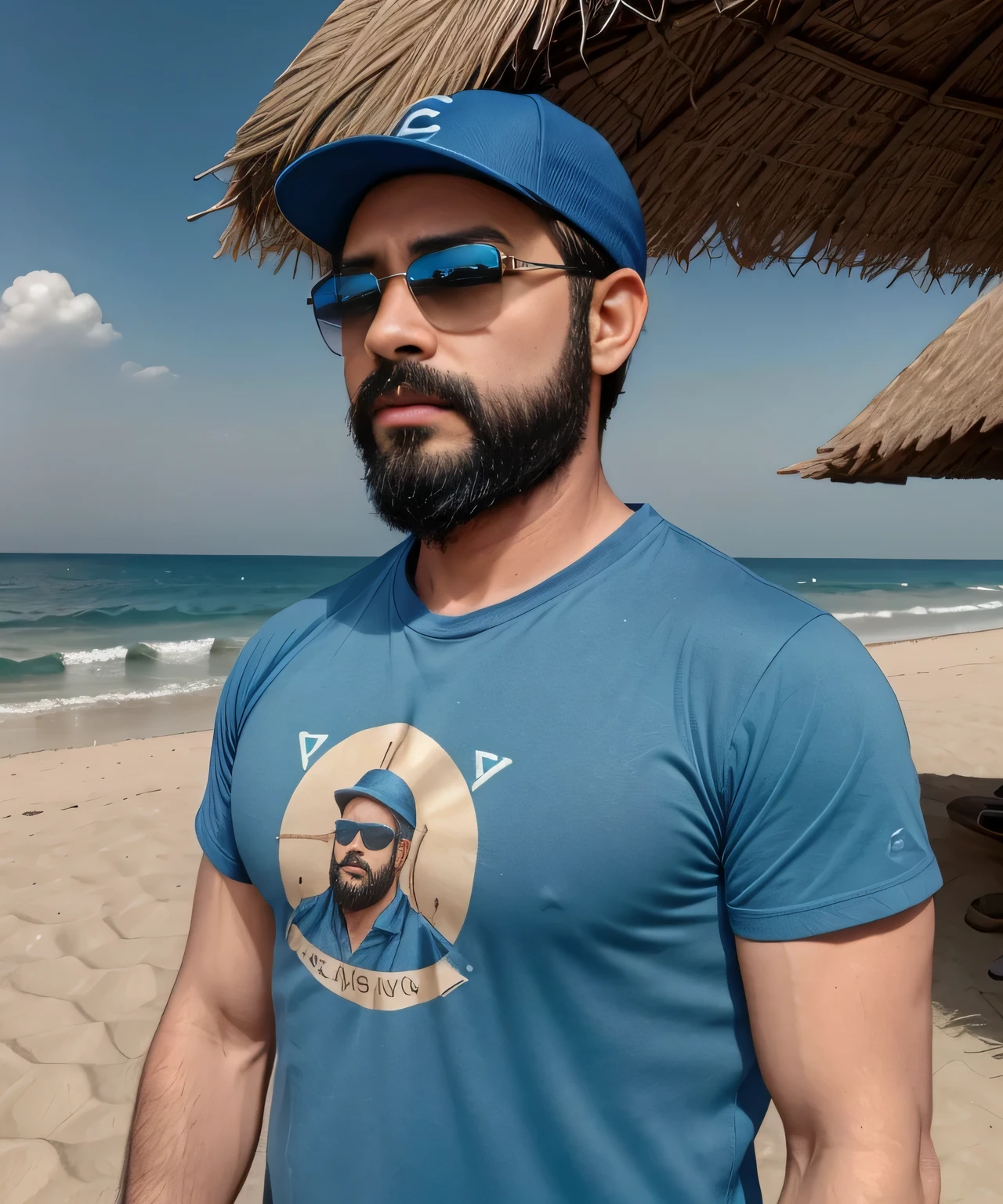 Parte superior del cuerpo, 38 year old man with beard and sunglasses. Hombre vistiendo playera azul y gorra, Caminando en Arabia con nubes de fondo , muy hermoso. Super polished and cool, plano medio de un guapo.
