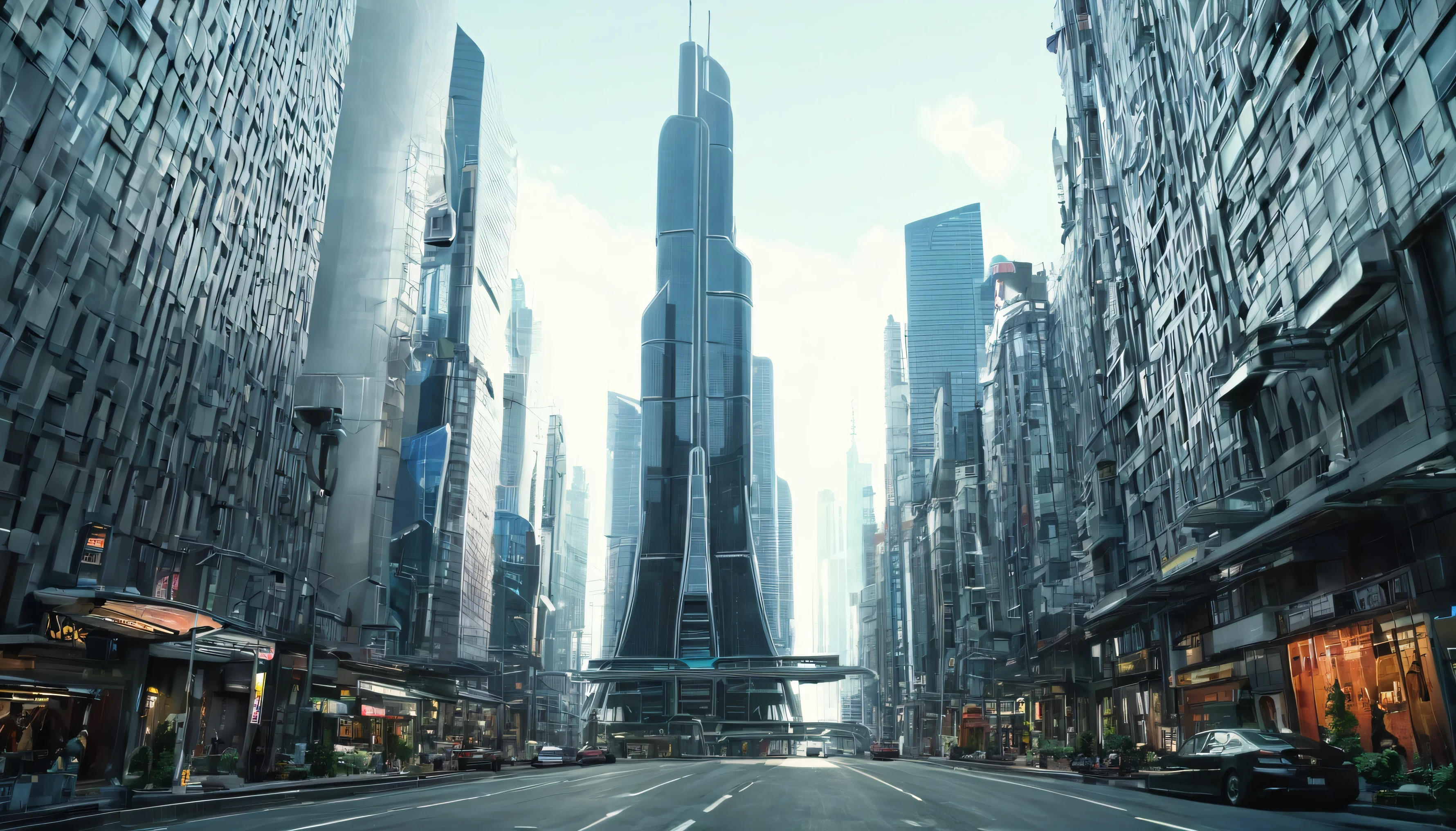 futuristic city streets with mile high sky scraper, many futurist style buildings, long narrow street, wide shot from below.