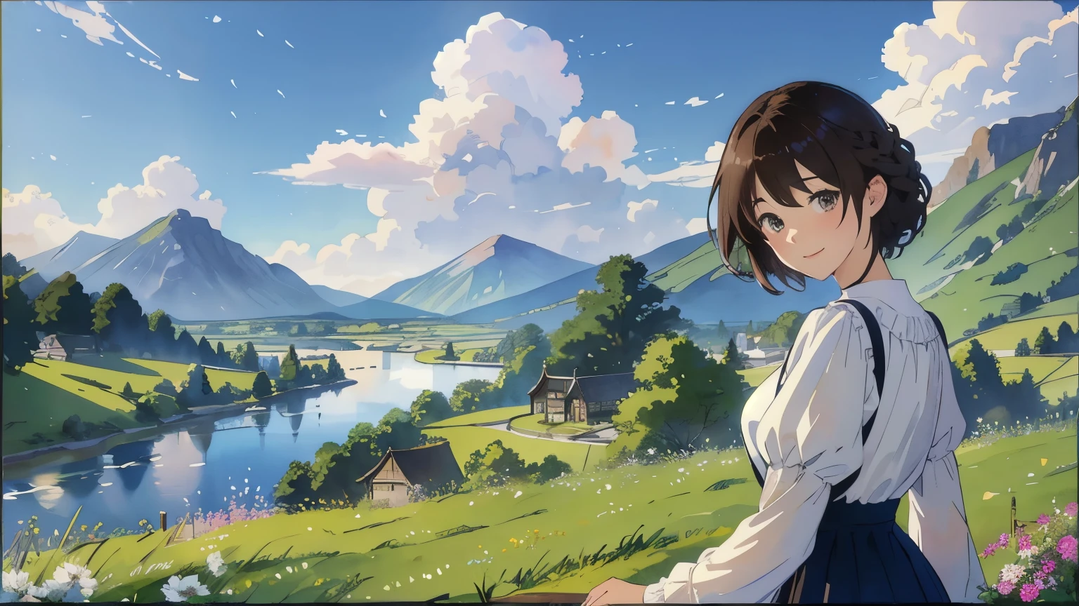 (highest quality、masterpiece、High resolution)、(Sargent style watercolor)、(anime art)、soft light、Views of the Cotswolds、old farmhouse、flowers bloom、((multiple women、everyone is standing))、(Detailed depiction of a beautiful face)、smile gently、medium short hair、dark brown hair、braided hair、White blouse and long skirt、picnic、table、Tea set、drink tea、cinematic light、soft sunlight、lake、Beautiful mountain range in the background、blur the background、 