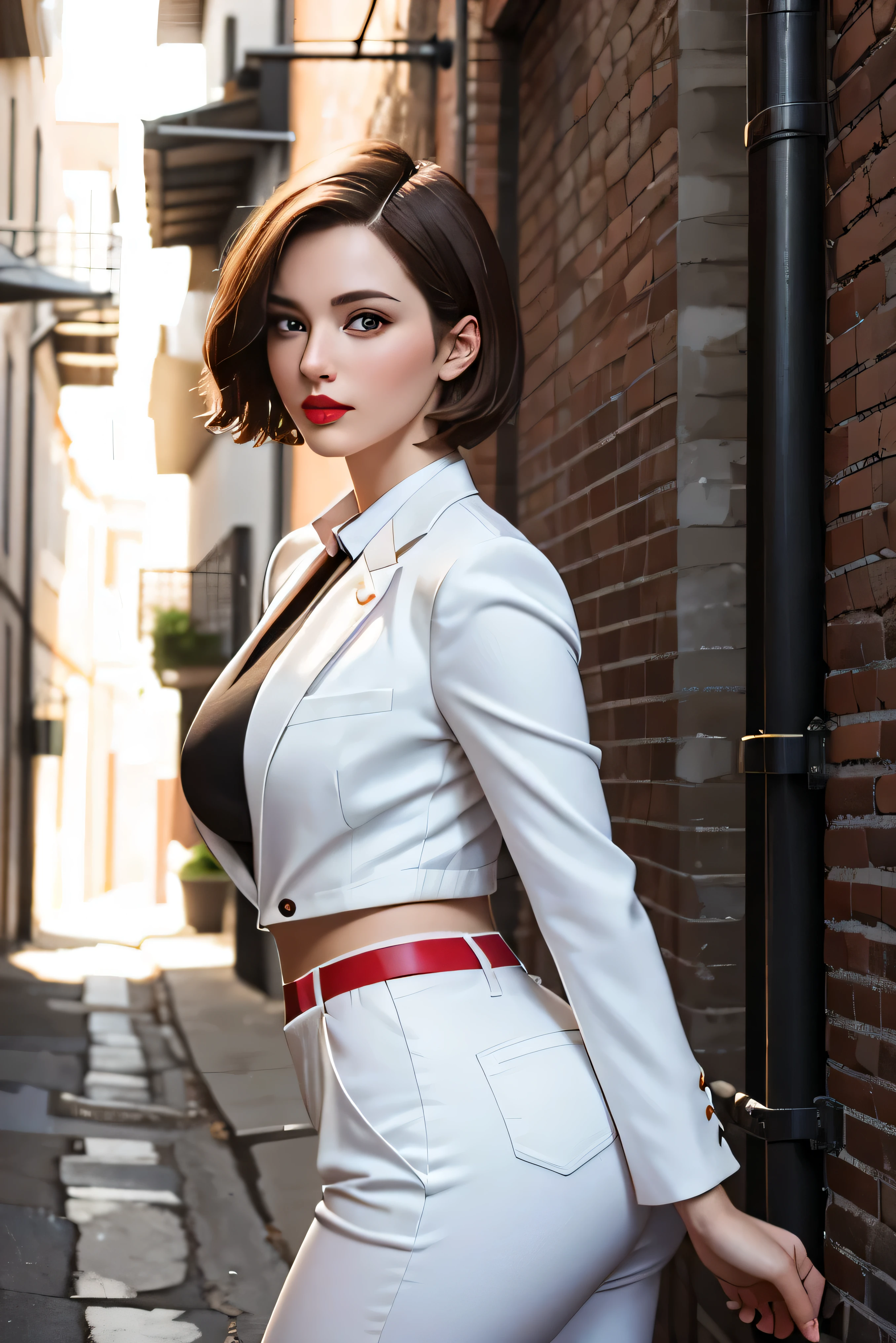 ((Best quality)), ((masterpiece)), ((realistic)), (hyperrealism:1.2), A photo ((portrait)) of a young, nerdy woman standing in a back alley, looking at the viewer. short hair, slender, red lips, flirting with the camera.Wearing a tight sexy white suit, open front, ((detailed face))