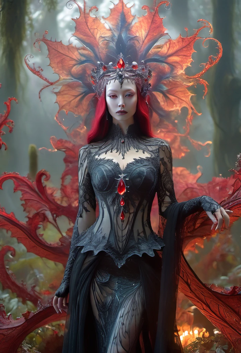 a dark elven queen embodying the essence of fractals, surrounded by the eerie beauty of a magical Ghost Flower with blood-red tentacles reaching out from the abyss. The scene exudes an aura of enchantment, uncanniness, and terror, as the queen's mysterious presence intertwines with the haunting allure of the otherworldly plant. The intricate fractal patterns mirror the complexity of the queen's power, while the ghostly flower adds a touch of macabre elegance to the composition. This spellbinding image captures a moment of enigmatic beauty and ominous foreboding, inviting viewers into a realm of dark fantasy and mesmerizing dread