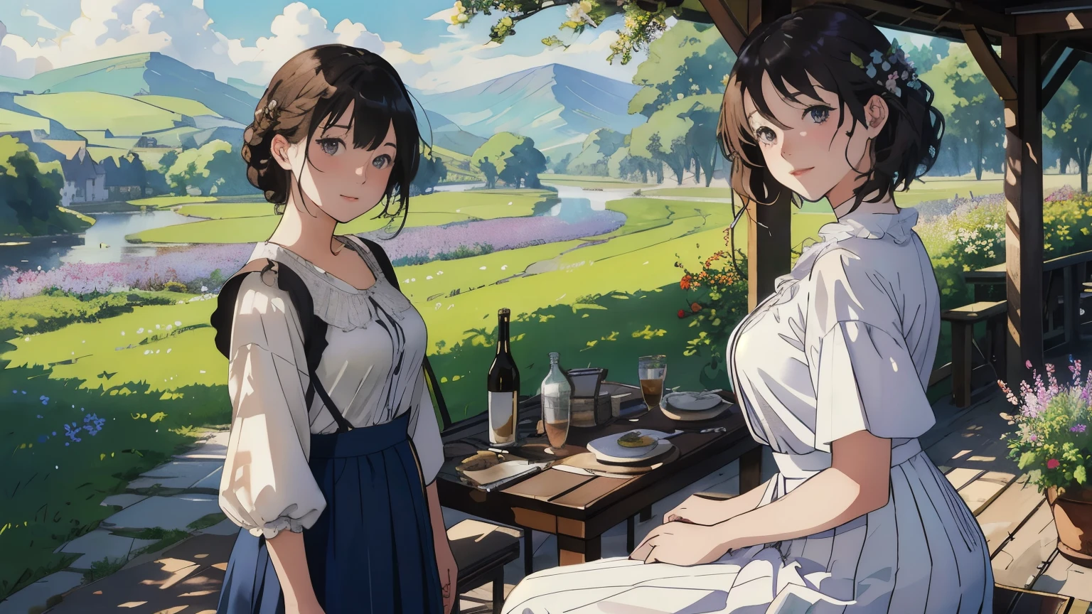 (highest quality、masterpiece、High resolution)、(Sargent style watercolor)、(anime art)、soft light、Views of the Cotswolds、old farmhouse、flowers bloom、((multiple women、everyone is standing))、(Detailed depiction of a beautiful face)、smile gently、medium short hair、dark brown hair、braided hair、White blouse and long skirt、picnic、cinematic light、soft sunlight、lake、Beautiful mountain range in the background、blur the background、