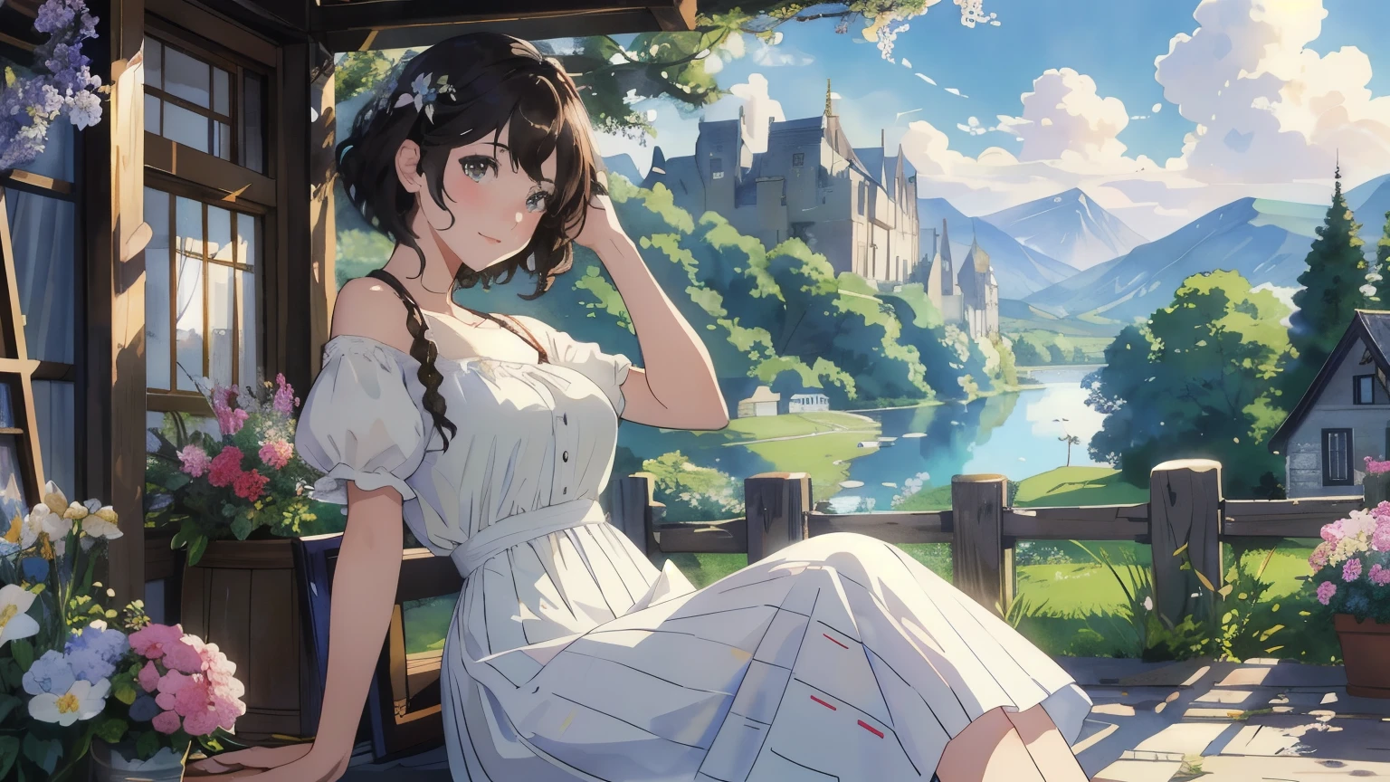 (highest quality、masterpiece、High resolution)、(Sargent style watercolor)、(anime art)、soft light、Views of the Cotswolds、old farmhouse、flowers bloom、((multiple women、everyone is standing))、(Detailed depiction of a beautiful face)、smile gently、medium short hair、dark brown hair、braided hair、White blouse and long skirt、picnic、cinematic light、soft sunlight、lake、Beautiful mountain range in the background、blur the background、 