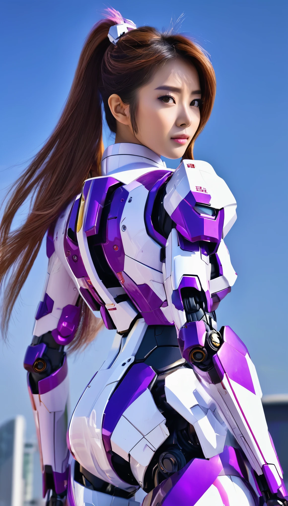 RAW, Masterpiece, Ultra Fine Photo,, Best Quality, Ultra High Resolution, Photorealistic, Sunlight, Full Body Portrait, Stunningly Beautiful,, Dynamic Poses, Delicate Face, wearing a mecha sun glass future transparent neon, Vibrant Eyes, a full body of a woman in a purple and white gundam custume, dybamic pose, pony tail long brown very very long hair rapunzel, girl in mecha cyber armor, portrait armored astronaut girl, d. va from overwatch, female mecha, on a gundam, gundam head, chiho aoshima color scheme, mobile suit, streamlined purple armor, fully robotic!! girl, realistic cosplay, gundam armor (dynamic pose) (best cameraview), full body, sit down, full body