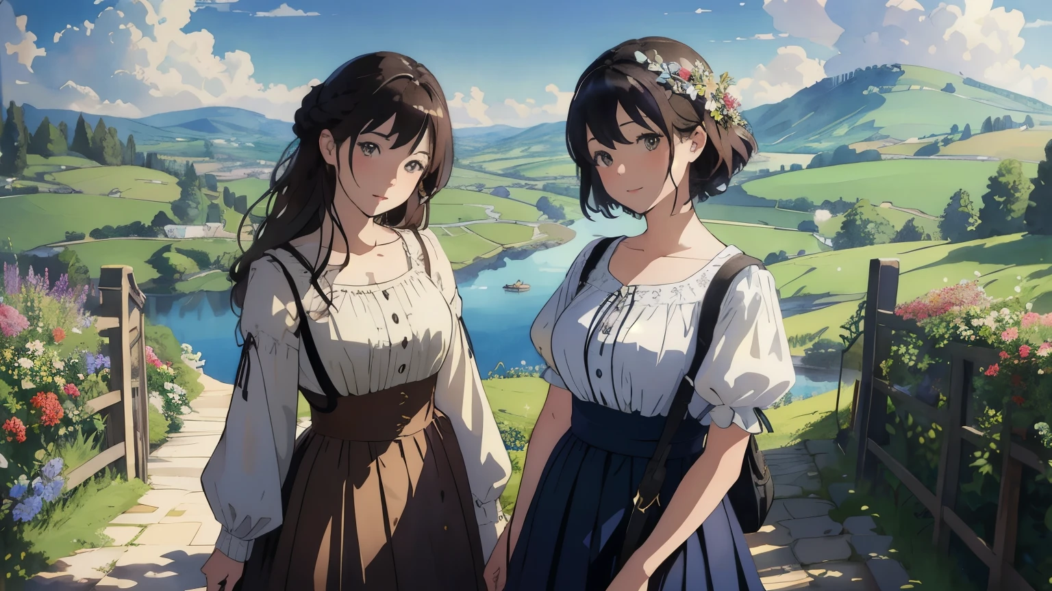 (highest quality、masterpiece、High resolution)、(Sargent style watercolor)、(anime art)、soft light、Views of the Cotswolds、old farmhouse、flowers bloom、((two women、everyone is standing))、(Detailed depiction of a beautiful face)、smile gently、medium short hair、dark brown hair、braided hair、White blouse and long skirt、picnic、cinematic light、soft sunlight、lake、Beautiful mountain range in the background、blur the background、