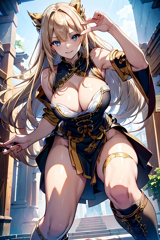 1girl,full body,(Best quality at best, tmasterpiece:1.2), super high separation rate, actual, Frontlighting, Complicated details, Exquisitedetailsandtextures, (with sparkling eyes and a contagious smile),cute Face highlights, (figure),dynamic angle,Super detailed, from below,extreme close-up,(kung fu pose:1.2),(ultra detailed skin),curvy,beautiful breasts,large breasts,pale skin,pointy breasts,erect nipples,(fantasy art,Highest image quality,Hyperrealist portrait,(8k),ultra-realistic,best quality, high quality, high definition, high quality texture,high detail,beautiful detailed,fine detailed,extremely detailed cg,detailed texture,a realistic representation of the face,masterpiece,Sense of presence,Dynamic,bold),(thin pubric hair),(soft hair),(straight hair:1.5),Swept long bangs,extra light coppery amber hair,hair over one eye,See-through dress with asymmetrical embroidery,tight mini skirt,stockings,Engineer boot 