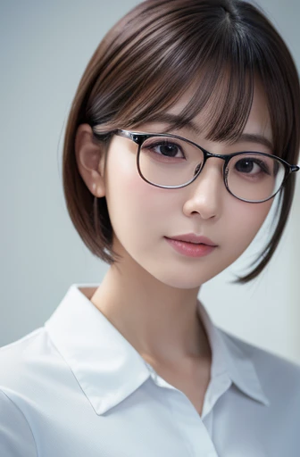(masterpiece:1.2),ultra-detailed,(best quality,8k,highres:1.2),(realistic,photorealistic:1.37),portrait,Japanese woman,30 years old,155cm tall,pure and innocent atmosphere,clean and soft atmosphere,gentle and kind atmosphere,professional,working in a company,company uniform,short hair,wearing glasses