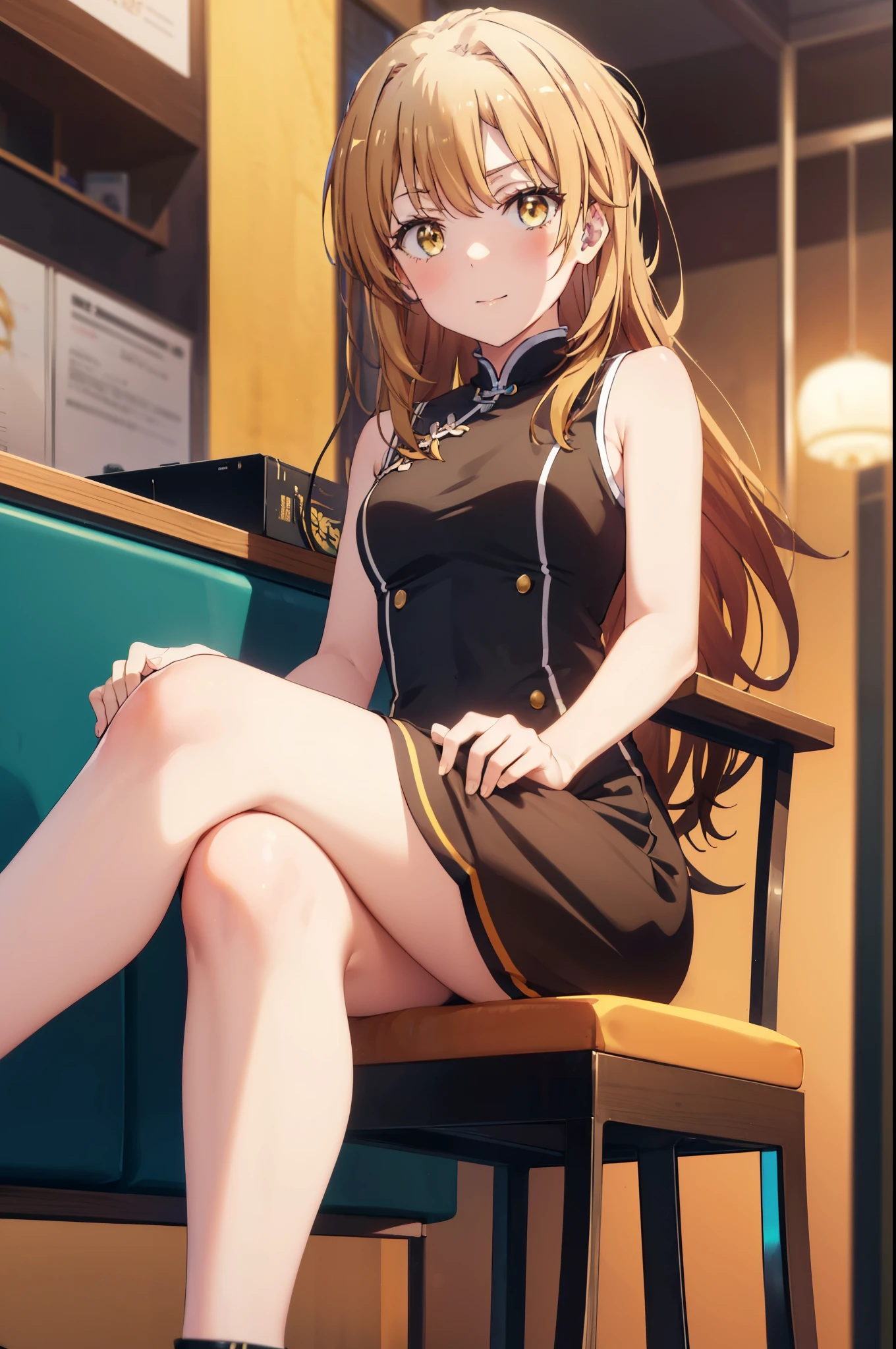 irohaisshiki, iroha isshiki, long hair, brown hair, (brown eyes:1.5), smile,blush,yellow dress, china dress, Chinese service, dress, air, hip vent, Long side slits, sleeveless, sleeveless dress,stiletto heels,sit cross-legged on a chair,
break indoors, Chinese Restaurant,
break looking at viewer,
break (masterpiece:1.2), highest quality, High resolution, unity 8k wallpaper, (shape:0.8), (fine and beautiful eyes:1.6), highly detailed face, perfect lighting, Very detailed CG, (perfect hands, perfect anatomy),