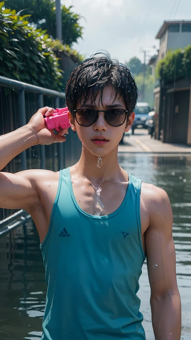 (a boy holding a realistic water gun, wearing a tank top, accompanied by another boy and a girl, with rain falling and the scene perfectly blending with real life insert, wearing sunglasses)