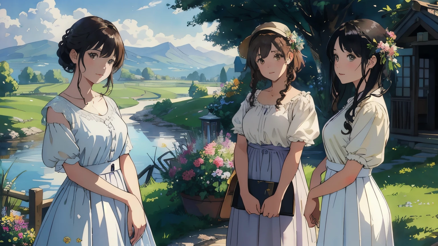 (highest quality、masterpiece、High resolution)、(Sargent style watercolor)、(anime art)、soft light、Views of the Cotswolds、old farmhouse、flowers bloom、((two women、everyone is standing))、(Detailed depiction of a beautiful face)、smile gently、medium short hair、dark brown hair、braided hair、White blouse and long skirt、picnic、cinematic light、soft sunlight、lake、Beautiful mountain range in the background、blur the background、 