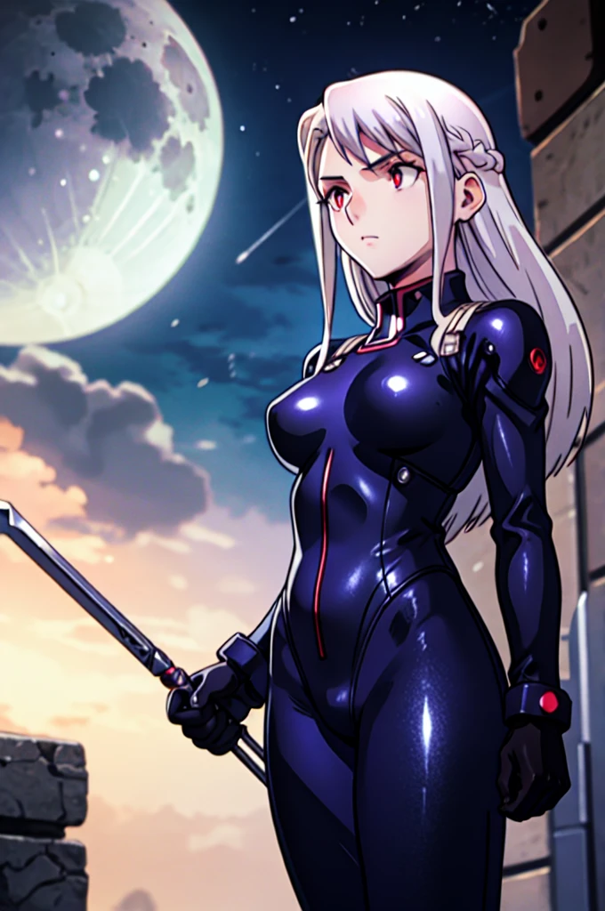 illyasviel_von_einzbern in the style of evangelion, shiny_skin, (clothe inspired by evangelion, aliens, gunbuster, gunnm, metal gear, death stranding), impossible_clothes, bodysuit, white & red bodysuit, suit, pilot suit, jumpsuit, plugsuit, armor, shiny_clothes, jacket, cybernetics suit, gloves, gainax anime style, studio gainax art, studio gainax illustration, inspired by Masamune Shirow, studio gainax, big breasts, two_side_up, full body, can't be this cute, girl on top, long_hair, white_hair, silver_hair, floating_hair, hair_between_eyes, asymmetrical hair, red_eyes, looking_at_viewer, outdoors, holding, holding_weapon, Spear of Longinus, cowboy_shot, background, glowing, moon, red, red moon, full_moon, moonlight, star_(sky), night, city, building, cityscape, science_fiction, ((mature female, mature, milf)),