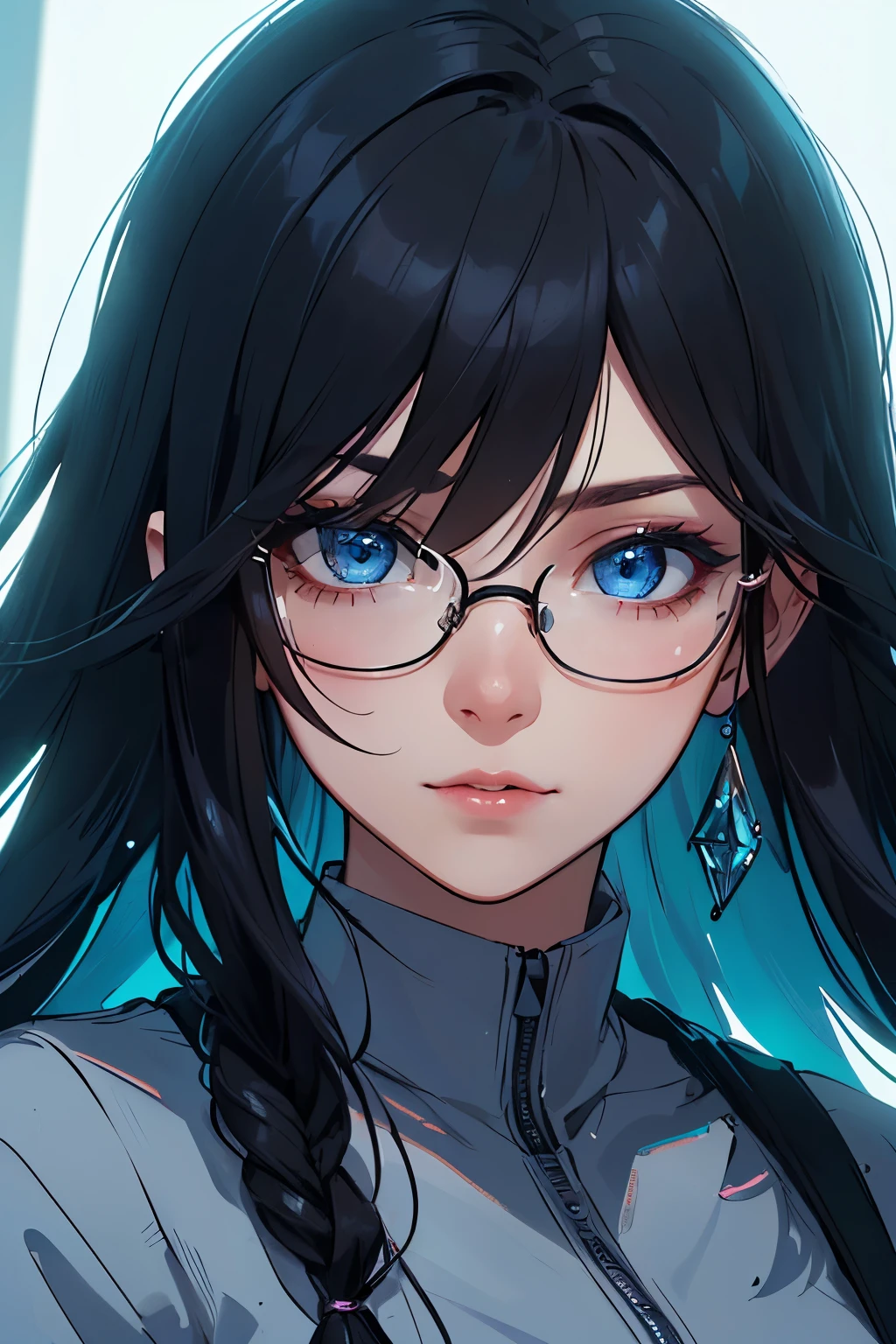 (detailed background,office  ), (beautiful detailed face), high contrast, (best illumination, an extremely delicate and beautiful), ((cinematic light)), colorful, hyper detail, dramatic light, intricate details, (1 girl, solo,black hair, sharp face,blue eyes, hair between eyes,eyeglass, wear tight casual clothes,dynamic angle), office atmosphere