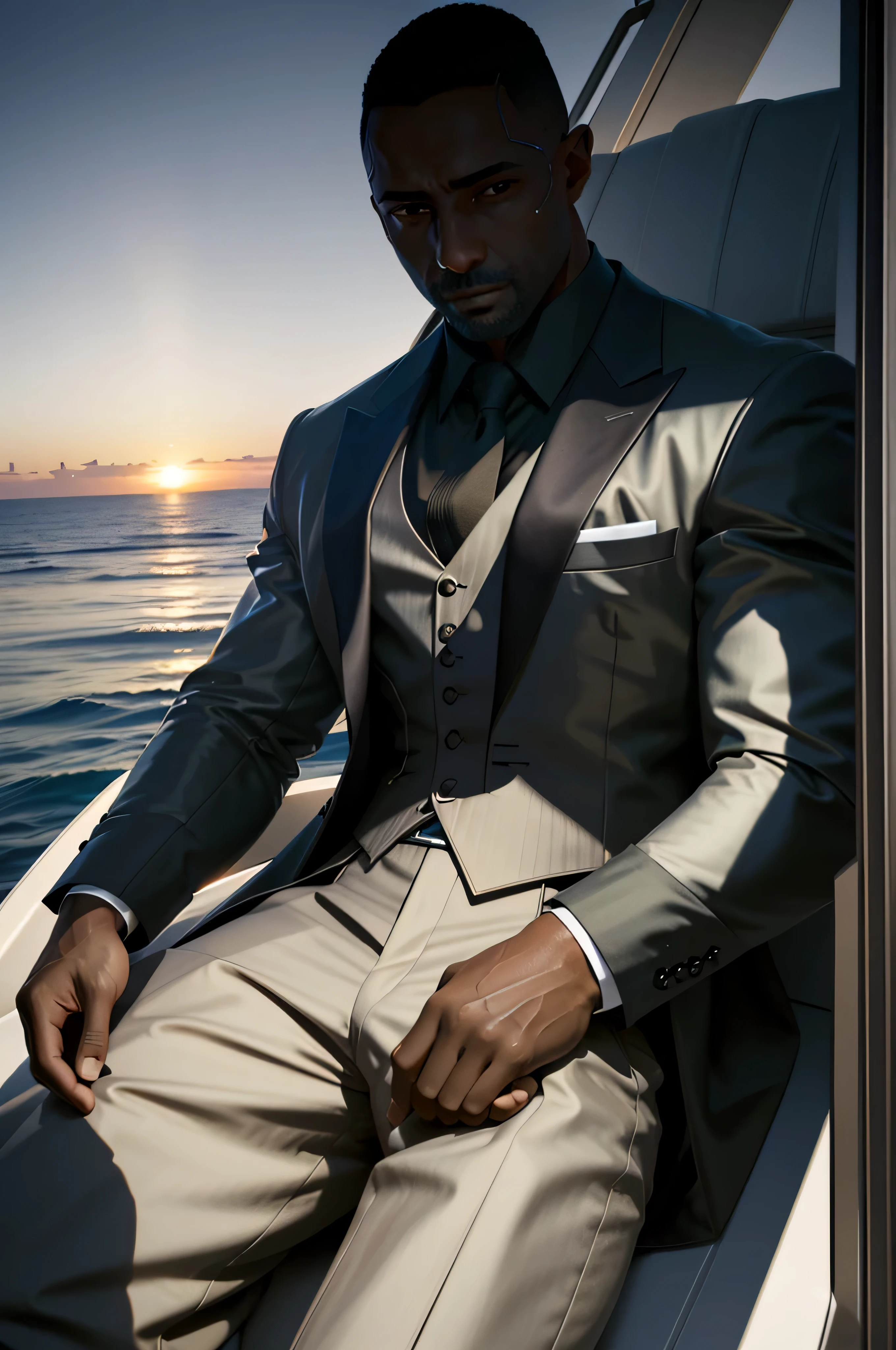 (masterpiece:1.2), (best quality:1.2), (high resolution:1.2)
CyberReed, 1boy, dark-skinned male, buzz cut, on a luxury yacht, dressed in a sharp suit, looking out at the ocean as the sun sets in the distance