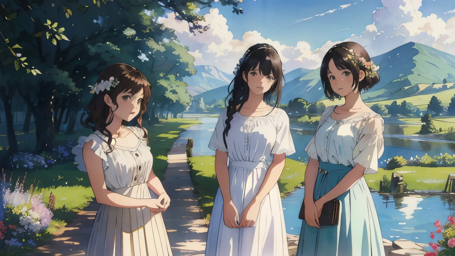 (highest quality、masterpiece、High resolution)、(Sargent style watercolor)、(anime art)、soft light、Views of the Cotswolds、old farmhouse、flowers bloom、((three women、everyone is standing))、(Detailed depiction of a beautiful face)、smile gently、medium short hair、dark brown hair、braided hair、White blouse and long skirt、picnic、cinematic light、soft sunlight、lake、Beautiful mountain range in the background、blur the background、