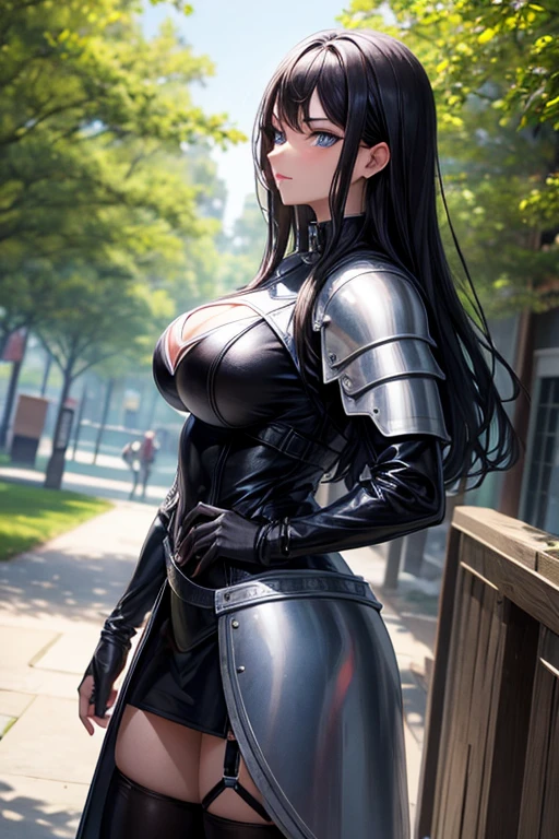 black hair big breast modern knight standing in a park with blue eyes
