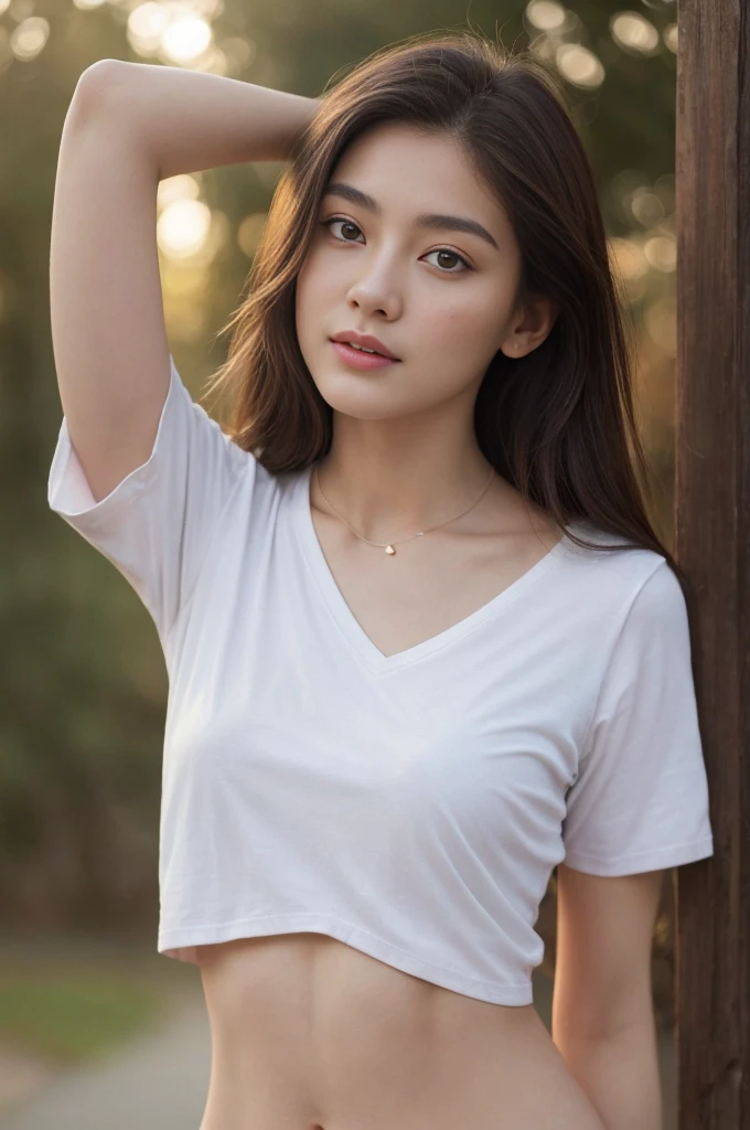 ((top quality、8K、​Masterpiece: 1.3))、perfect body beautiful: 1.4、slim abs: 1.2、Beautiful woman with slim abs:1.3、(Breast A-cup:1.2), small breasts, Round breasts, perfect breast shape, ((( Seamless underwear, Loose T-shirt, pubic bone shape))), ,high pubic bone, simple necklace, Super detailed face、18 years old、 beautiful woman、(Dark brown hair), face slimming、Highly detailed facial and skin textures、very delicate lips、spread legs、top quality、​Masterpiece、ultra high resolution、(Realism:1.4), move forward confidently, open arms, long shot , (outdoor), bright background, sunset light,