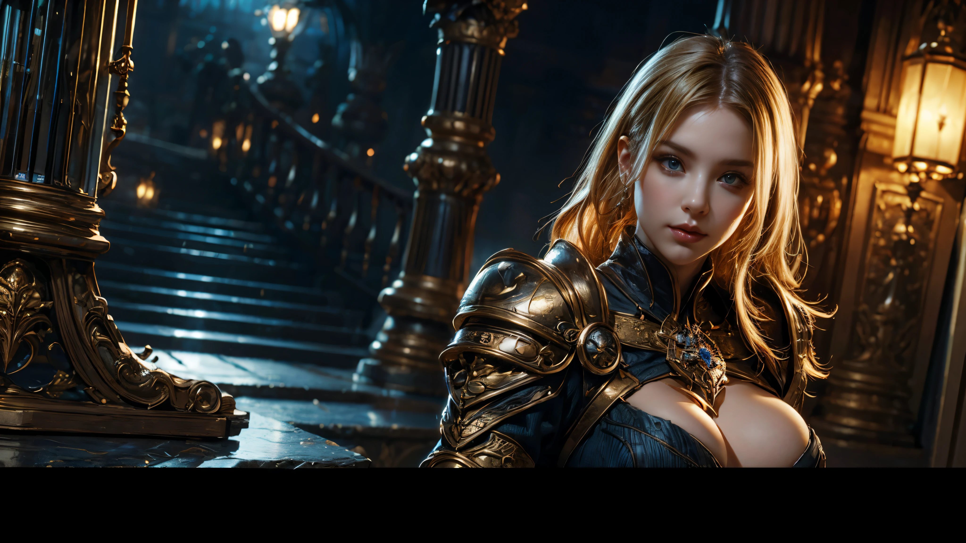 a young blonde, very pretty girl, (Gorgeous:1. 3) armor, elegant posture, Very detailed,big breasts, deadly face, sharp focus, The background is the old castle, concept art, Very detailed, lifelike, octane rendering, Unreal Engine, depth of field, pentagonal bokeh