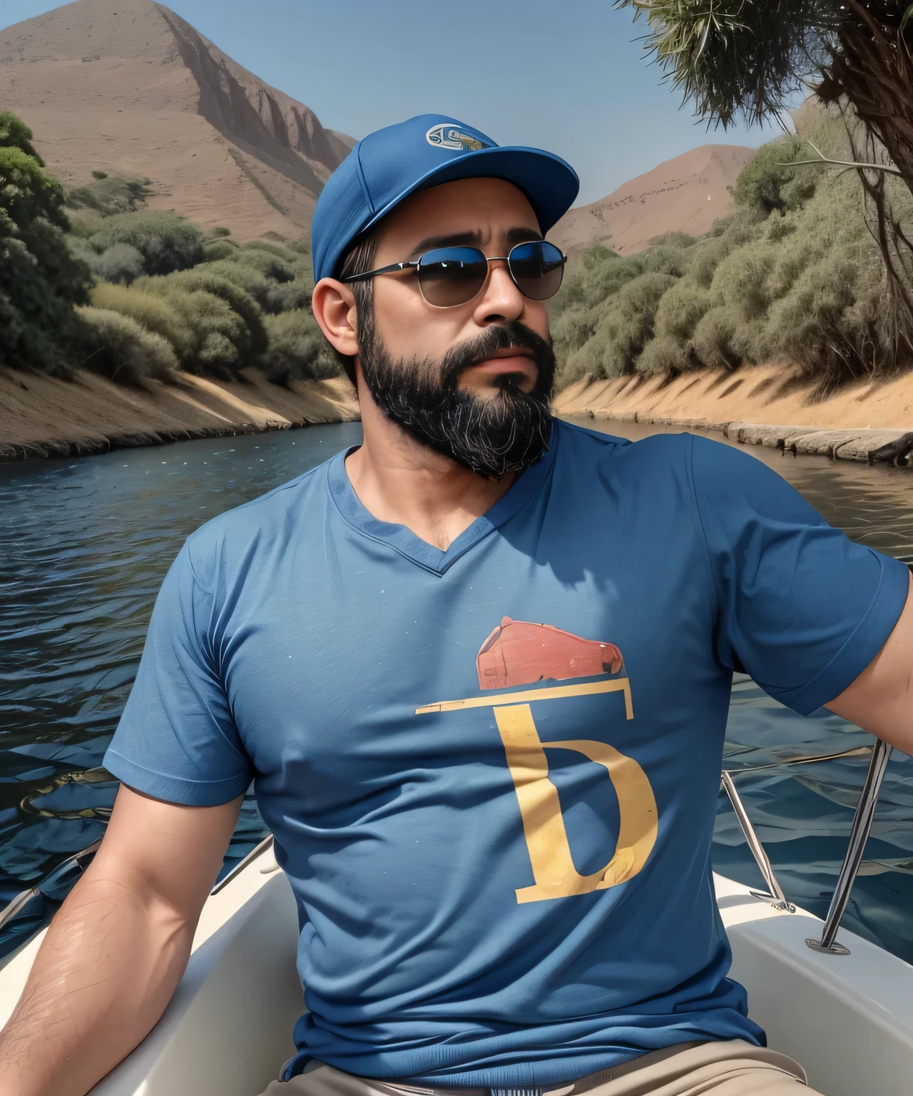 Parte superior del cuerpo, 38 year old man with beard and sunglasses. Hombre vistiendo playera azul y gorra, sailing on the Nile River.