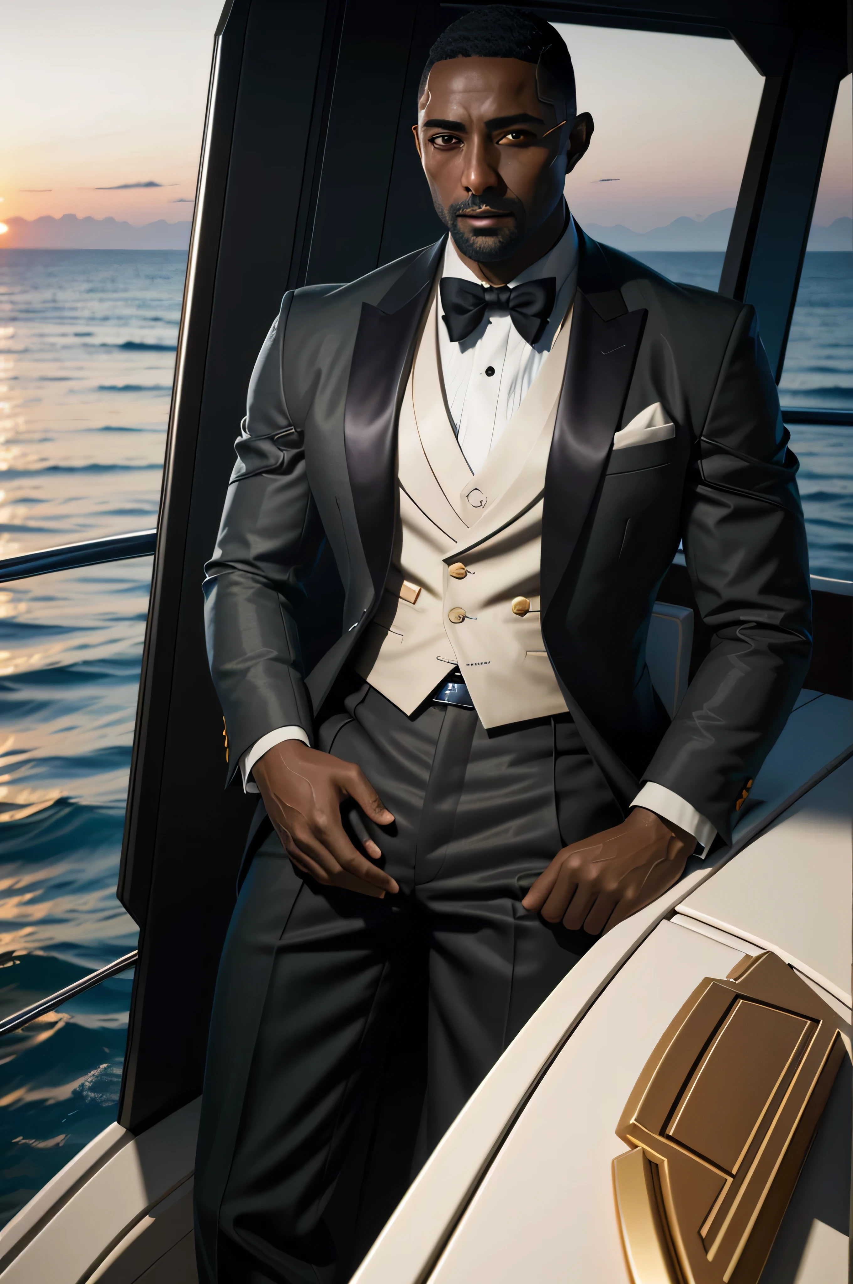 (masterpiece:1.2), (best quality:1.2), (high resolution:1.2)
CyberReed, 1boy, dark-skinned male, buzz cut, on a luxury yacht, dressed in a sharp suit, looking out at the ocean as the sun sets in the distance