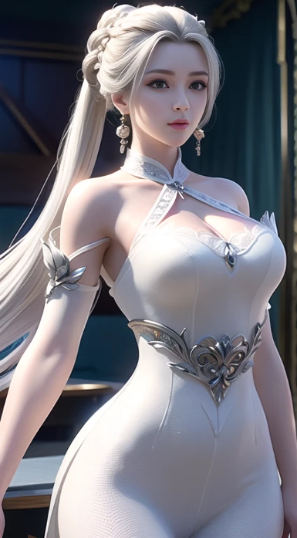 best quality, masterpiece: 1.4), ultra high resolution, actual, front lighting, intricate details, Exquisite details and textures, 1 girl, alone, (young), facial highlight, Upper body, Detailed face, tear nevus, white Skin, silver hair, ponytail, braid, look at the audience, big eyes, black cheongsam, (hollow pattern, white, silk), earrings, , slim figure, VIP room, professional lighting, photon mapping, transmit, Physically based rendering,
