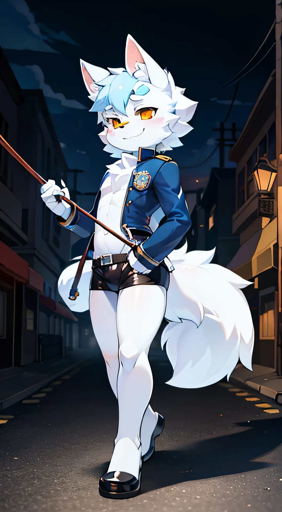 City，the street，full bodyesbian, Young Wolf, figure, tmasterpiece，Navy blue police uniform, Furry tail, Highest image quality, 8K, Full HD background，Cartoony，adolable，male people，a plush，Furry，White fur，White body，Light blue ears，Orange-yellow eyes，thick eyebrow，evil smile，solo person, Little Wolf Tail, Wolf ears, ((full-body portraits)), Soft lines，Soft lines of clothing，With a truncheon，Leather whip in hand