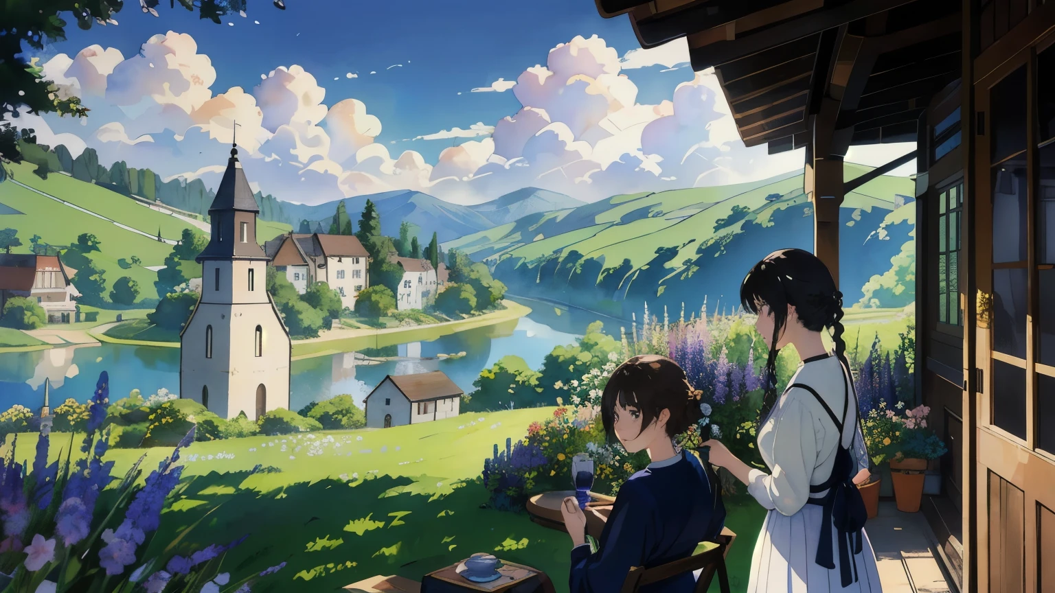 (highest quality、masterpiece、High resolution)、(Sargent style watercolor)、(anime art)、soft light、Views of the Cotswolds、old farmhouse、flowers bloom、((three women、everyone is standing))、(Detailed depiction of a beautiful face)、smile gently、medium short hair、dark brown hair、braided hair、White blouse and long skirt、picnic、cinematic light、soft sunlight、lake、Beautiful mountain range in the background、blur the background、