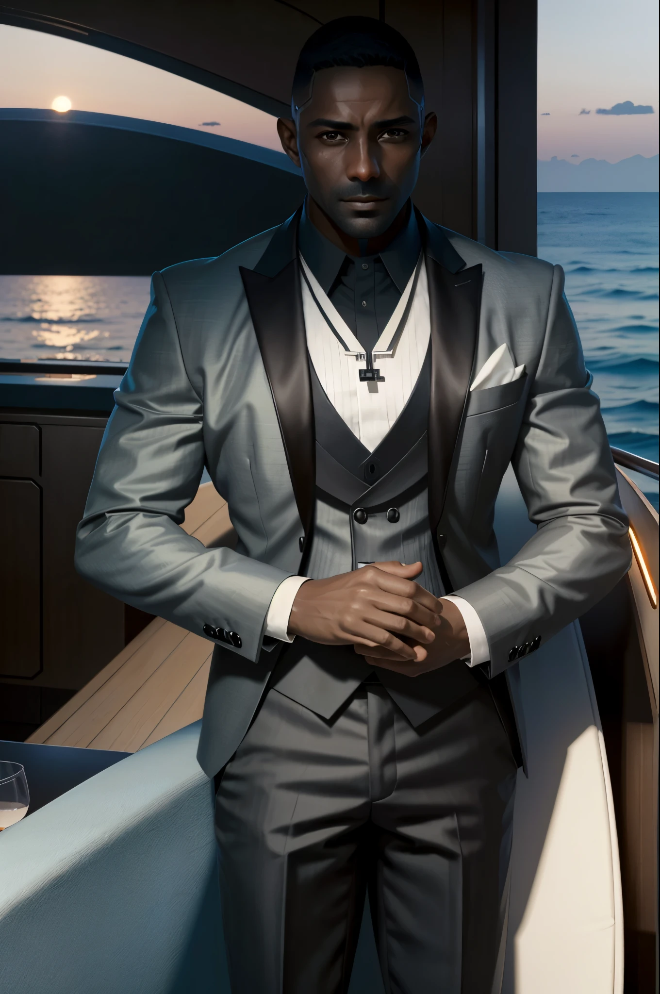 (masterpiece:1.2), (best quality:1.2), (high resolution:1.2)
CyberReed, 1boy, dark-skinned male, buzz cut, on a luxury yacht, dressed in a sharp suit, looking out at the ocean as the sun sets in the distance