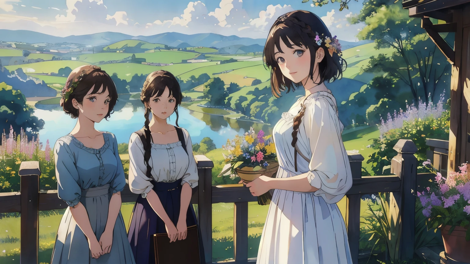 (highest quality、masterpiece、High resolution)、(Sargent style watercolor)、(anime art)、soft light、Views of the Cotswolds、old farmhouse、flowers bloom、((three women、everyone is standing))、(Detailed depiction of a beautiful face)、smile gently、medium short hair、dark brown hair、braided hair、White blouse and long skirt、picnic、cinematic light、soft sunlight、lake、Beautiful mountain range in the background、blur the background、