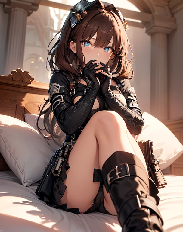 (Make the subject look three-dimensional with the contrast of light and shadow),Cute and beautiful 22yo girl,(masterpiece:1.2), best quality, high resolution, unity 8k wallpaper, (illustration:0.8), (beautiful detailed eyes:1.6), extremely detailed face, perfect lighting, extremely detailed CG, (perfect hands, perfect anatomy),Brown hair,watching at viewers,black suspenders,(Bulging ,big breasts:1.1),Black miniskirt,garters,Gaze,Small face,bangss,holster,Belt Armament,Beautuful Women srestrained,hands up,Lying in bed,Leg holster ,lying on the bed,Gaze,black boots,panty shot