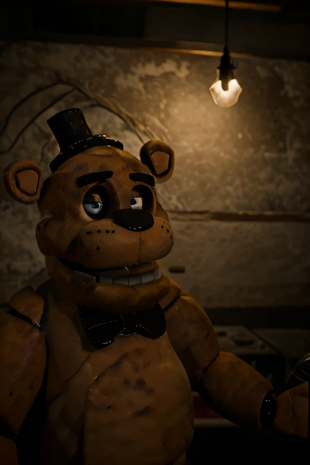 A Freddy Fazbear character staring at us from an average distance, smiling terribly, in a pitch-dark pizzeria