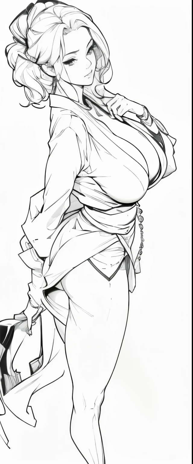 ((Best Quality, 8K, wallpaper, masterpiece: 1.3)), lineart, monochrome, a drawing of a woman in a white dress and heels,  Slim Body Beauty: 1.4, A MILF, Mature, huge stunning goddess shot, the extremely hot and sexy, powerful and huge, jaw dropping beauty, goddess of Japan, very Bigger breasts, Big ass, Super Detailed Face, Double eyelids, woman in suit, jacket and tight skirt, wearing stockings and pumps,  in white clothes, highly detailed full body, full character body, pinup body, 