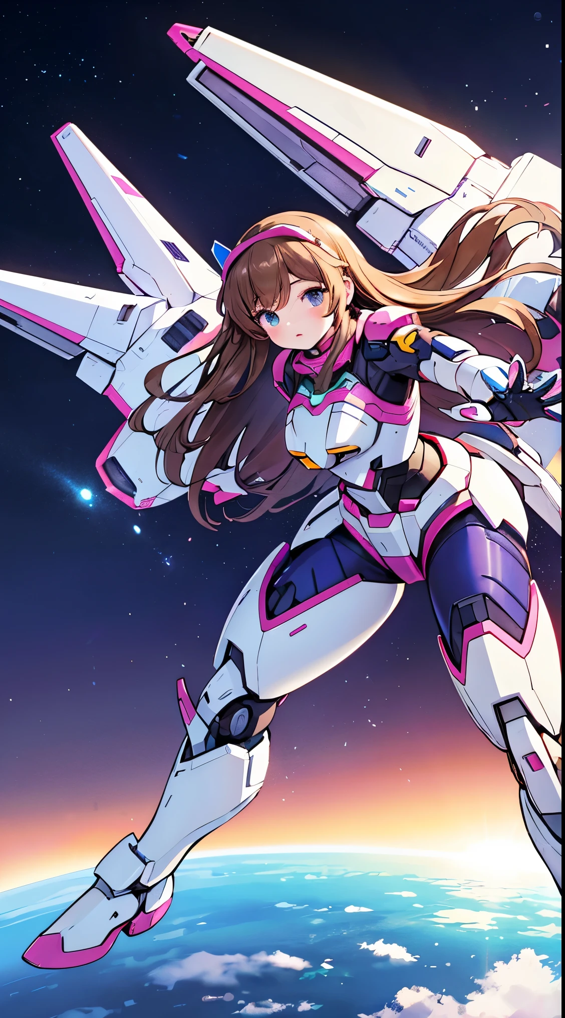 RAW, Masterpiece, Ultra Fine Photo,, Best Quality, Ultra High Resolution, Photorealistic, Sunlight, Full Body Portrait, Stunningly Beautiful,, Dynamic Poses, Delicate Face, Vibrant Eyes, (Side View) a close up of a woman in a pink and white gundam custume, dybamic pose, long brown very very long hair rapunzel, girl in mecha cyber armor, portrait armored astronaut girl, d. va from overwatch, female mecha, on a gundam, gundam head, chiho aoshima color scheme, mobile suit, streamlined purple armor, fully robotic!! girl, realistic cosplay, gundam armor (dynamic pose) (best cameraview), full body