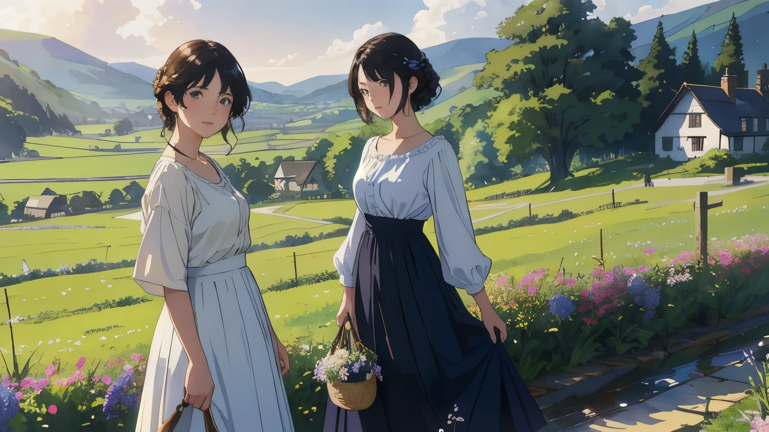 (highest quality、masterpiece、High resolution)、(Sargent style watercolor)、(anime art)、soft light、Views of the Cotswolds、old farmhouse、flowers bloom、((three women、everyone is standing))、(Detailed depiction of a beautiful face)、smile gently、medium short hair、dark brown hair、braided hair、White blouse and long skirt、picnic、cinematic light、soft sunlight、lake、Beautiful mountain range in the background、blur the background、