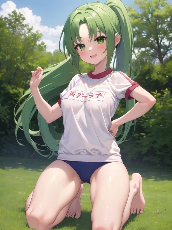 masterpiece, highest quality, Super detailed, 1 girl, Mion Sonozaki, green hair, green eyes, ponytail, surprise、blush、normal chest、white gym uniform、red bloomers:1.3、(
barefoot)、dark blue socks、big smile、
sit、M-shaped opening:1.3、I'm on my knees:1.3、