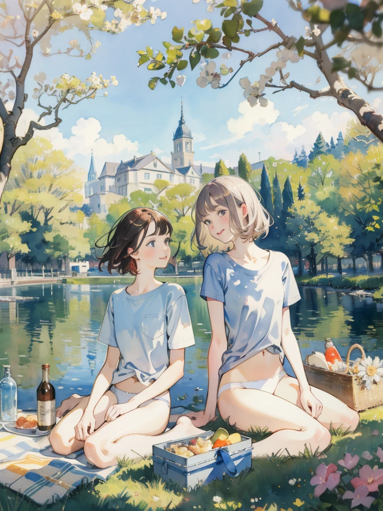 masterpiece, best quality, 2girls, slim, flat chest, school shirt, (white panties:1.2), sitting by a forest lake, picnic, lunch, smile, summer, warm, soft light, bright, post-impressionist, watercolor