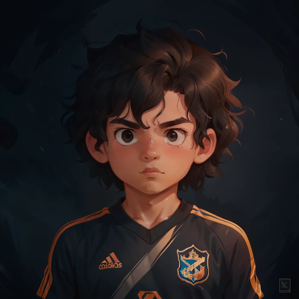 A large black-haired boy with messy, low-hanging curls and neglected locks frames his expressive face as he gazes thoughtfully over his shoulder in this intricately detailed, realistic digital painting. Dressed in vibrant soccer attire, his robust build and passionate posture exude an undeniable energy and enthusiasm for the sport he loves. The bold colors of the soccer jersey and socks contrast sharply against the dark backdrop, highlighting the model's toned muscles and the intricate textures of his curls. The artist's attention to detail is evident in the intricate brushwork, capturing every strand of hair and contour of the boy's face with remarkable precision. The focused expression on his face reveals a moment of introspection, as if he is contemplating his next move on the field. The